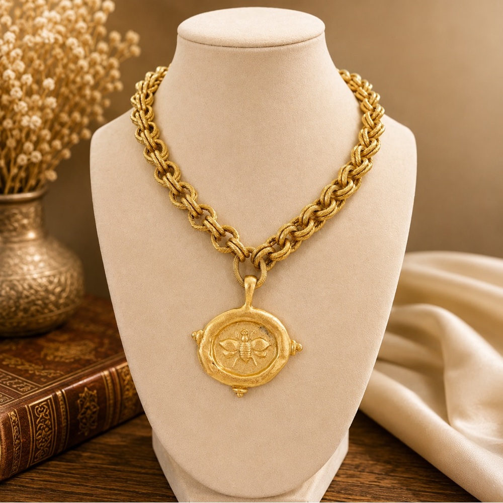 Susan Shaw Gold Tone Bee Medallion Statement Necklace Rope Chain 19”